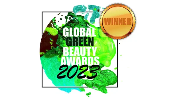 Global Green Beauty Awards 2023 Winner badge with vibrant green abstract design and gold seal