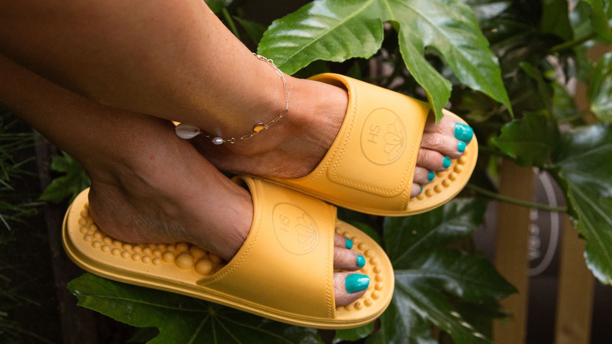 Holistic Silk Yellow Sliders with massaging refelxology insoles