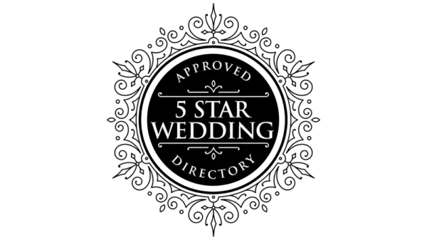Approved 5 Star Wedding Directory badge in black and white with ornate circular detailing