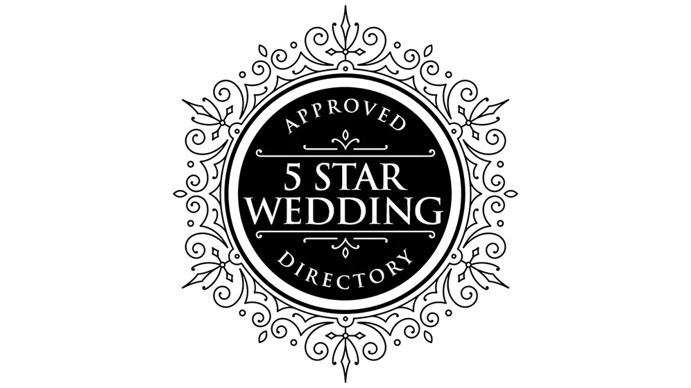 Approved 5 Star Wedding Directory badge in black and white with ornate circular detailing