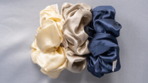 A trio of Silk Scrunchies Stylish Silk Hair Accessory in Navy, Cream and Silver Mulberry Silk by Holistic Silk