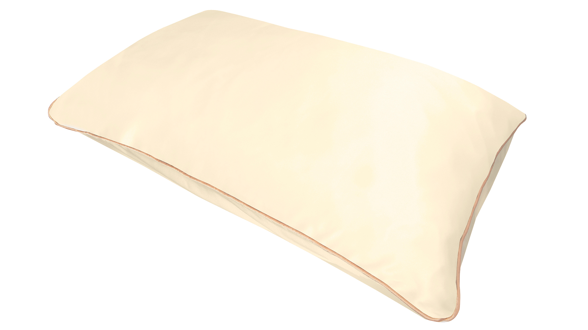 A flat image of the Holistic Silk Pillowcase in Cream colour Mulberry Silk laid diagonally across the shot showing the honey coloured piping.