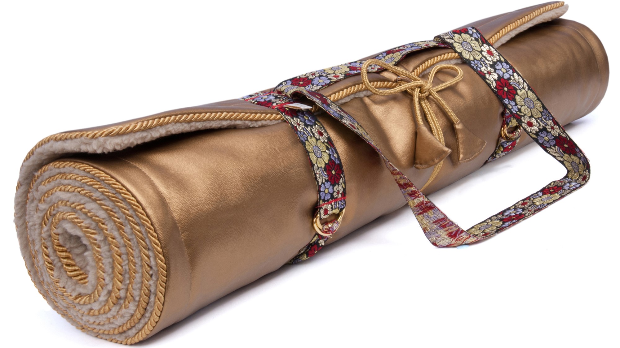 Luxury Yoga Rug Mat by Holistic silk in a sumptuous plain Gold colour with a limited edition carrying harness.