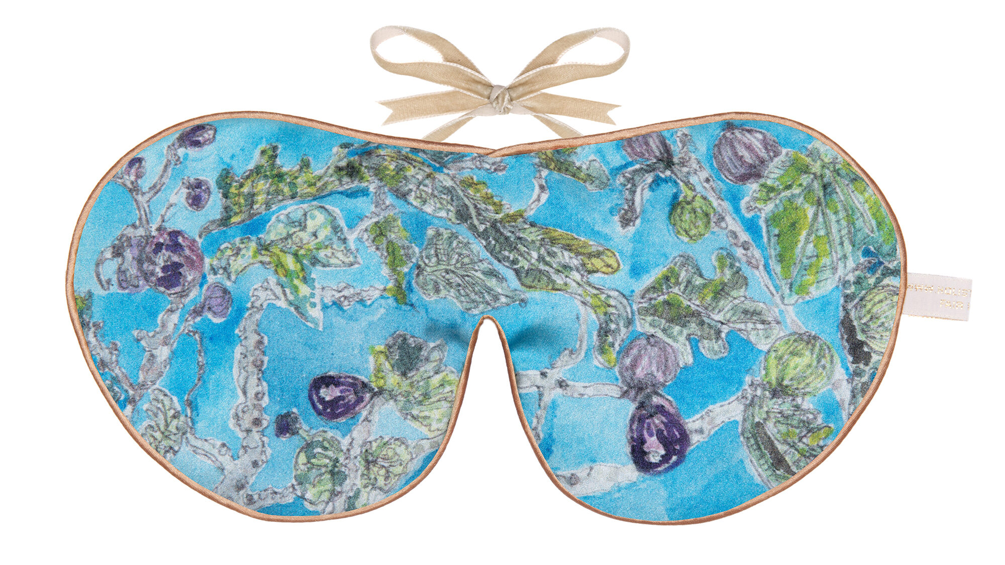 Flat image of the Holistic Silk Excluisve Silk Sleep Mask with a watercolour effect hand drawn Fig Tree design with Honey colour piping and a Honey colour velvet bow above it on a clear white background.