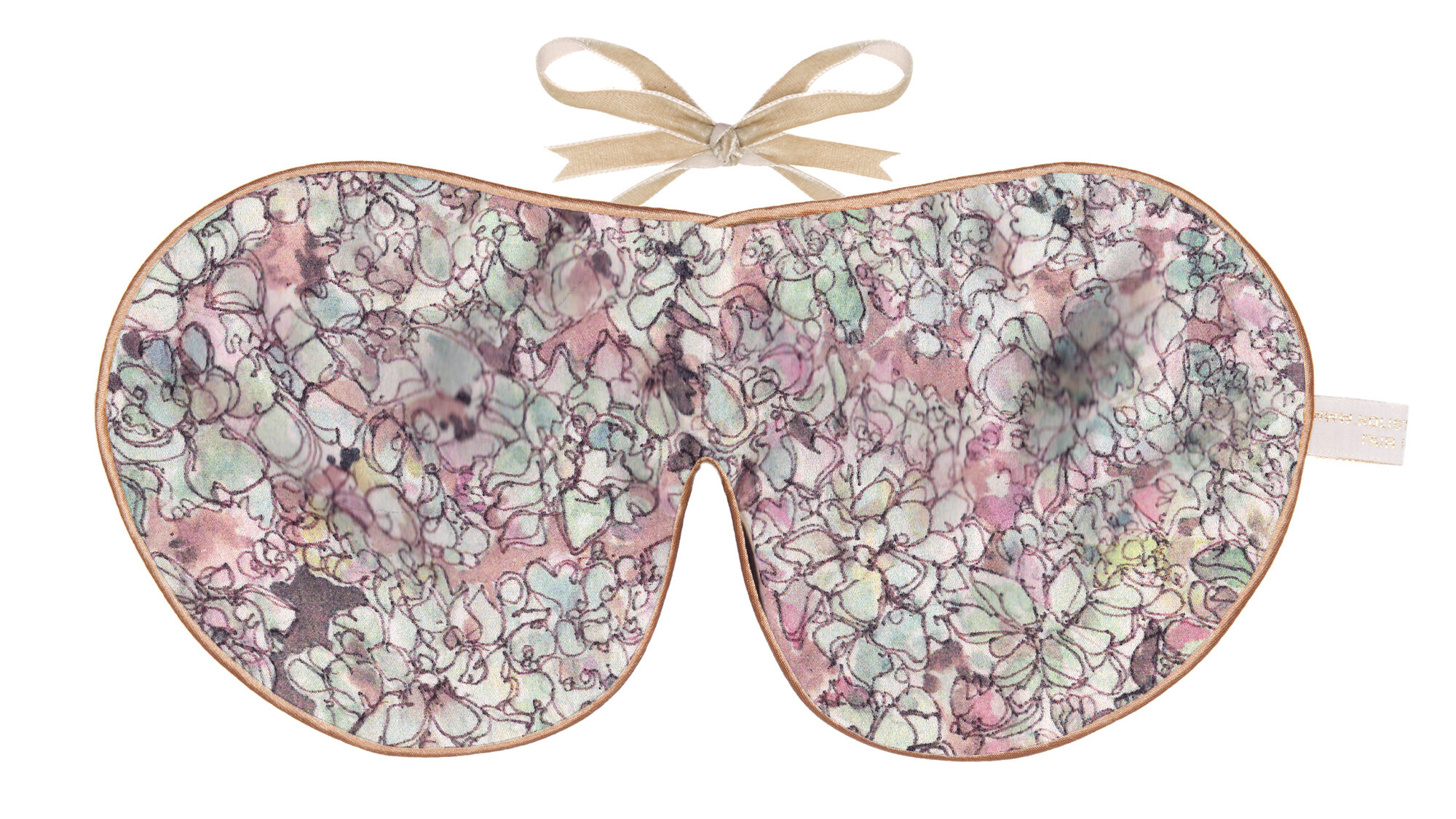 Flat image of the Holistic Silk Excluisve Silk Sleep Mask with a watercolour effect hand drawn succulent plant design with Honey colour piping and a Honey colour velvet bow above it on a clear white background.