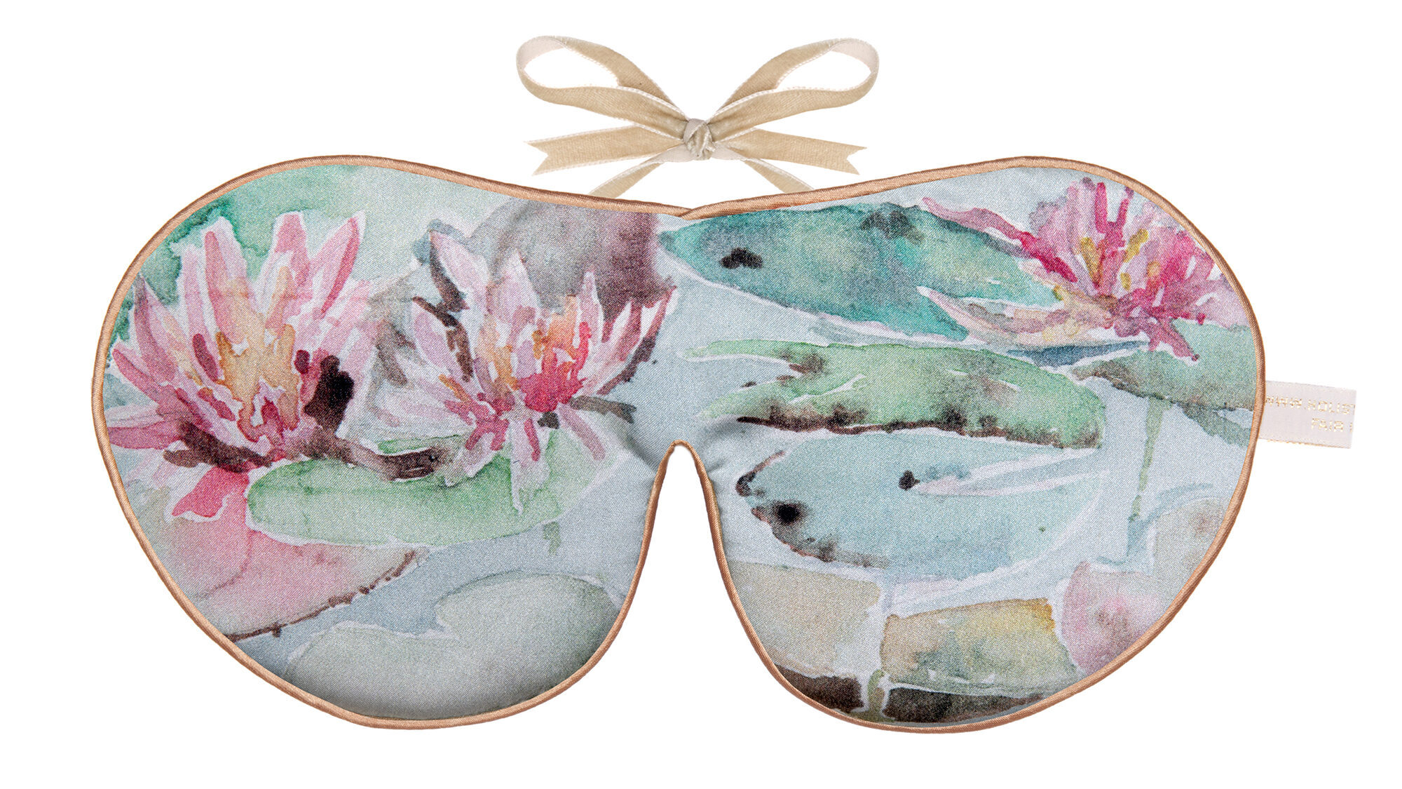 Flat image of the Holistic Silk Excluisve Silk Sleep Mask with a watercolour effect Water Liliy design with Honey colour piping and a Honey colour velvet bow above it on a clear white background.