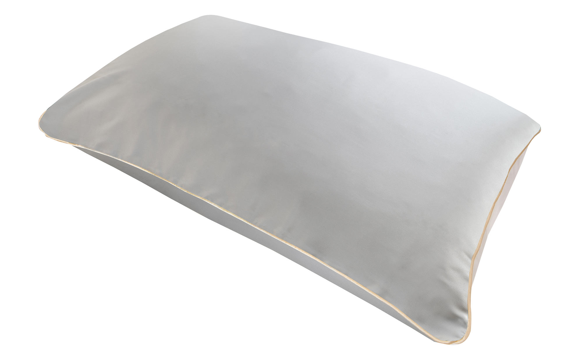 A flat image of the Holistic Silk Pillowcase in Silver colour Mulberry Silk laid diagonally across the shot showing the honey coloured piping.