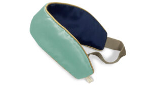 A Jade colour Silk Hairband, gently shaped along one edge and lined in navy mulberry Silk.