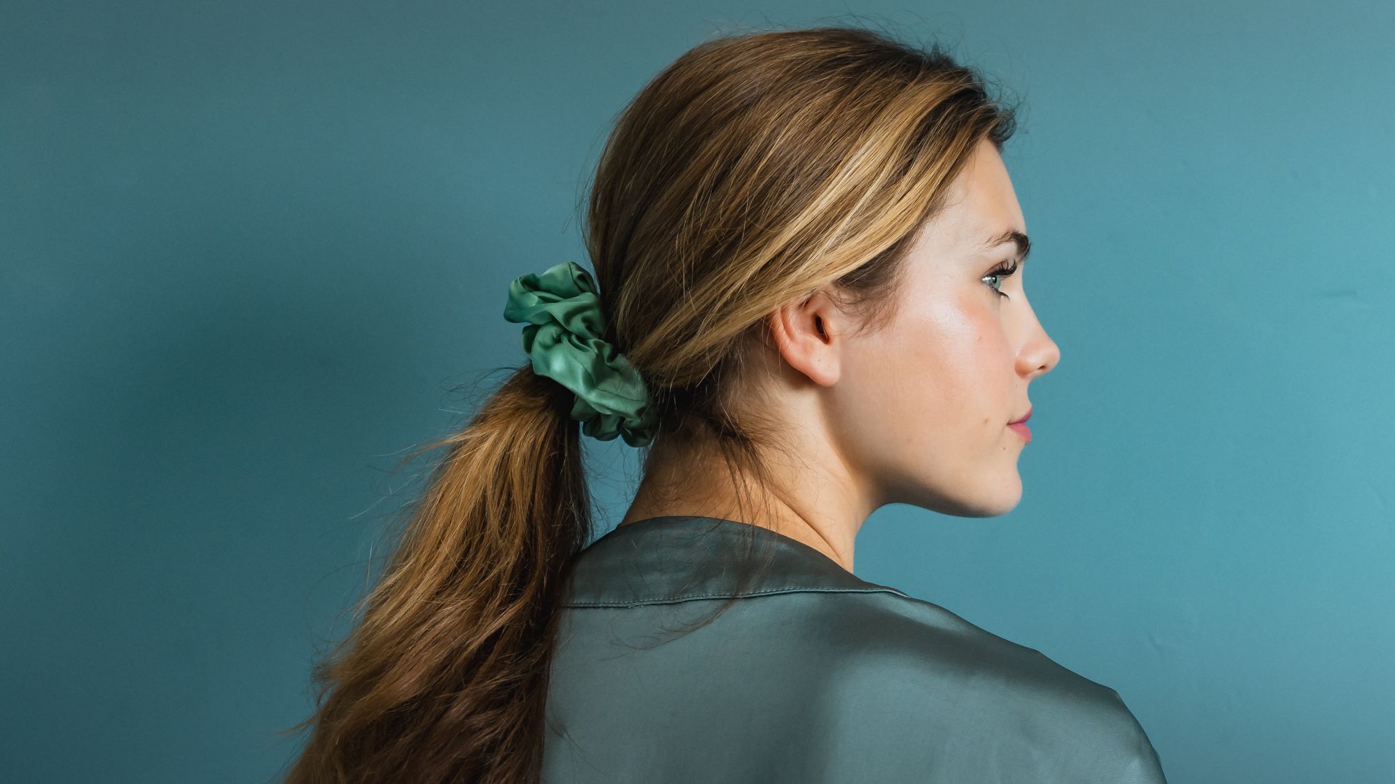 Jade Silk Scrunchie in Ponytail