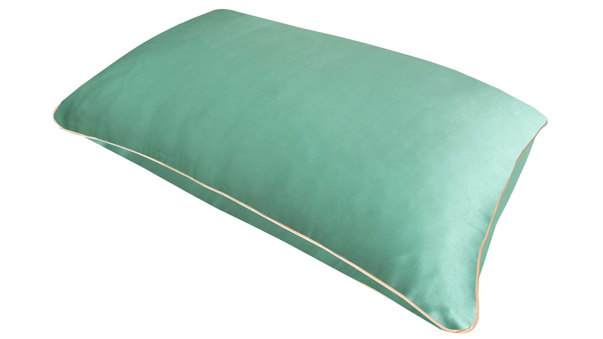 A flat image of the Holistic Silk Pillowcase in Jade colour Mulberry Silk laid diagonally across the shot showing the honey coloured piping.