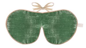 Flat image of the Holistic Silk, Silk Velvet Sleep Mask in a Jade colour velvet with Honey colour piping and a Honey colour velvet bow above it on a clear white background.