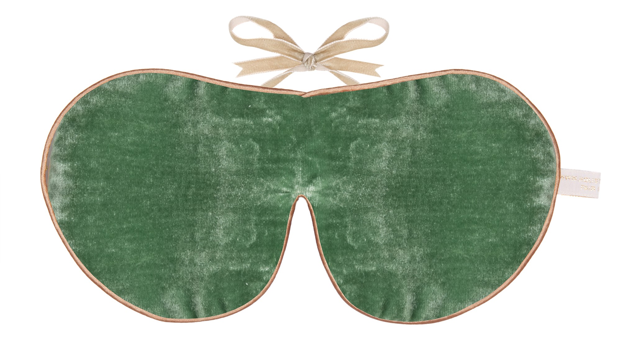 Flat image of the Holistic Silk, Silk Velvet Sleep Mask in a Jade colour velvet with Honey colour piping and a Honey colour velvet bow above it on a clear white background.