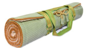 Luxury Yoga Rug Mat by Holistic silk in a soothing Jade Weave design with a limited edition carrying harness.