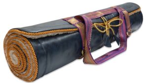 Luxury Yoga Rug Mat by Holistic silk in a timeless Navy colour with a limited edition carrying harness.