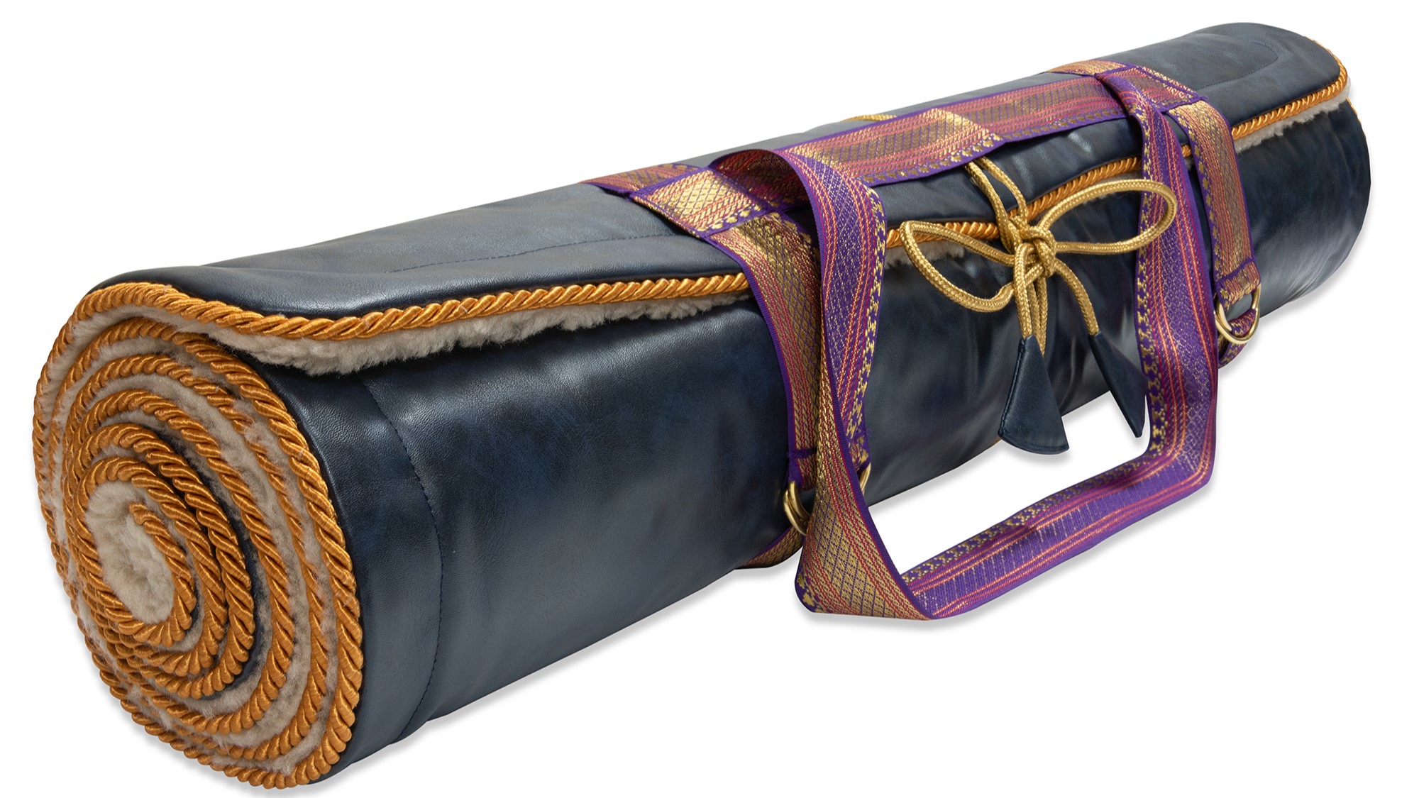 Luxury Yoga Rug Mat by Holistic silk in a timeless Navy colour with a limited edition carrying harness.