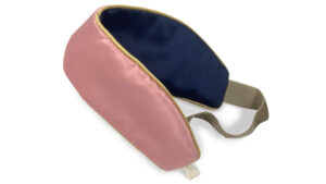 A Rose colour Silk Hairband, gently shaped along one edge and lined in navy mulberry Silk.