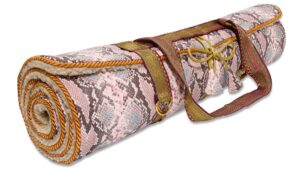 Luxury Yoga Rug Mat by Holistic silk in a modern Rose Cobra design with a limited edition carrying harness.