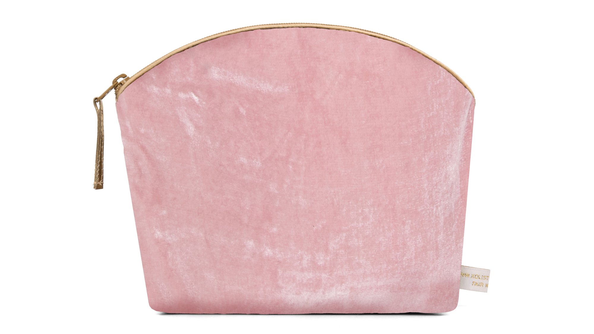 A flat image of the Holistic Silk Lavender Make Up Bag in Rose Silk Velvet.The make up bag is stood up and is wider at the top than the bottom, it has a curved zipped top which has a honey colour piping outlining it and the zip pull hanging to the top left of the bag.