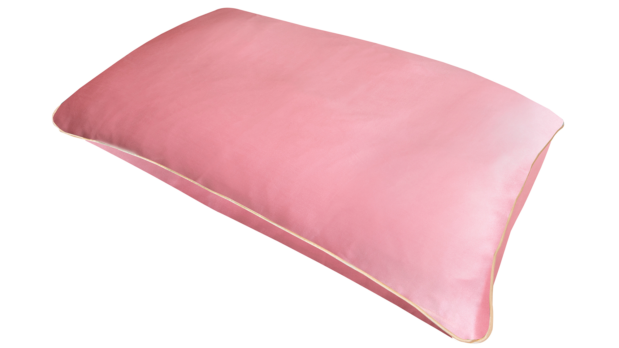 A flat image of the Holistic Silk Pillowcase in Rose colour Mulberry Silk laid diagonally across the shot showing the honey coloured piping.