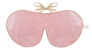 Flat image of the Holistic Silk, Silk Velvet Sleep Mask in a Rose colour velvet with Honey colour piping and a Honey colour velvet bow above it on a clear white background.