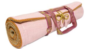Luxury Yoga Rug Mat by Holistic silk in a delicate Rose colour with a limited edition carrying harness.