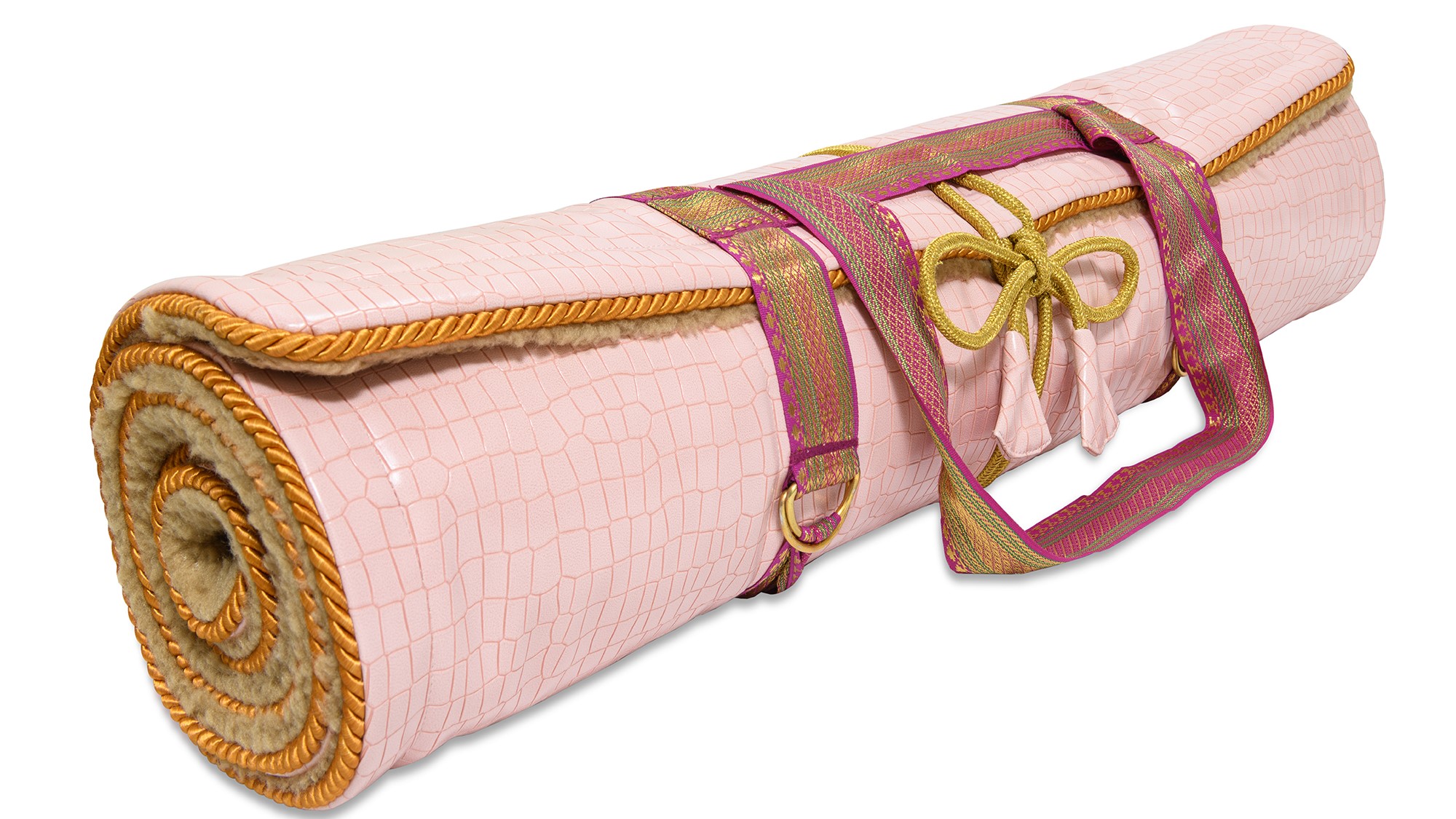 Luxury Yoga Rug Mat by Holistic silk in a delicate Rose colour with a limited edition carrying harness.