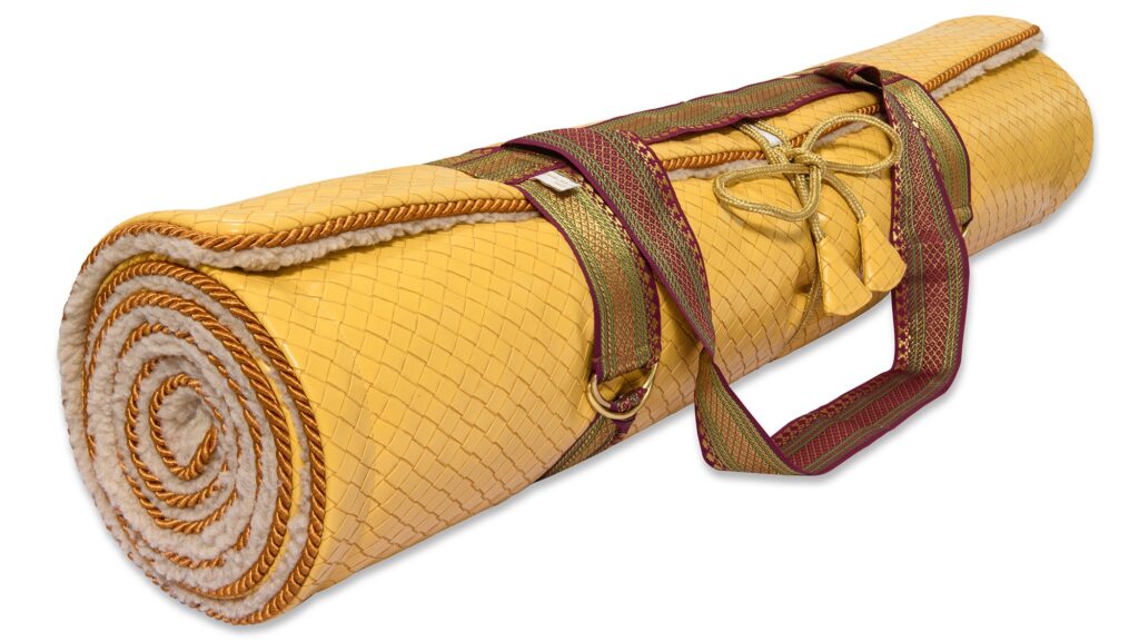 Luxury Yoga Rug Mat by Holistic silk in a muted Yellow Weave design with a limited edition carrying harness.