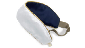 A Silver colour Silk Hairband, gently shaped along one edge and lined in navy mulberry Silk.