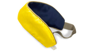 A Sundrop colour Silk Hairband, gently shaped along one edge and lined in navy mulberry Silk.