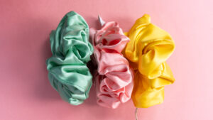 A trio of Silk Scrunchies Stylish Silk Hair Accessory in vibrant Jade, Rose and Sundop Mulberry Silk by Holistic Silk
