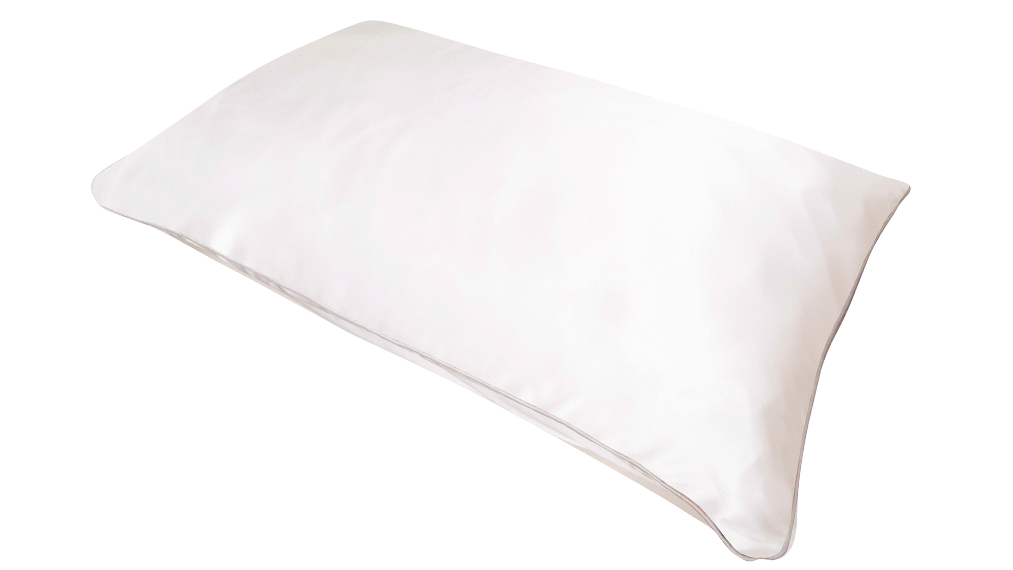 A flat image of the Holistic Silk Pillowcase in White Mulberry Silk laid diagonally across the shot showing the white coloured piping.