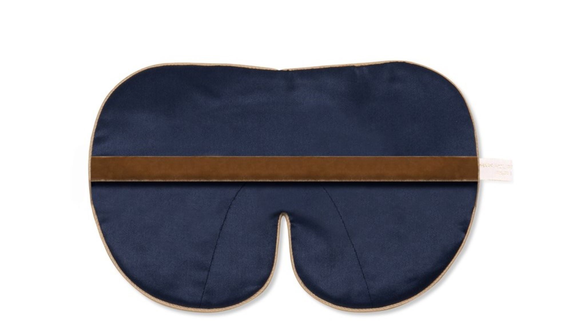 Flat image of the reverse the Holistic Silk Deluxe Silk Sleep Mask showing the Navy colour reverse with the soft honey coloured, flat velvet elasticated strap across the middle.