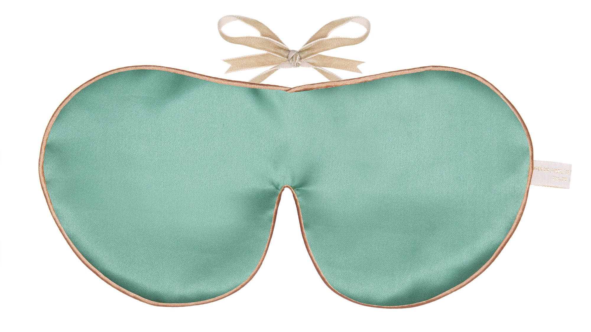 Flat image of the Holistic Silk Classic Silk Sleep Mask in a Jade colour with Honey colour piping and a Honey colour velvet bow above it on a clear white background.