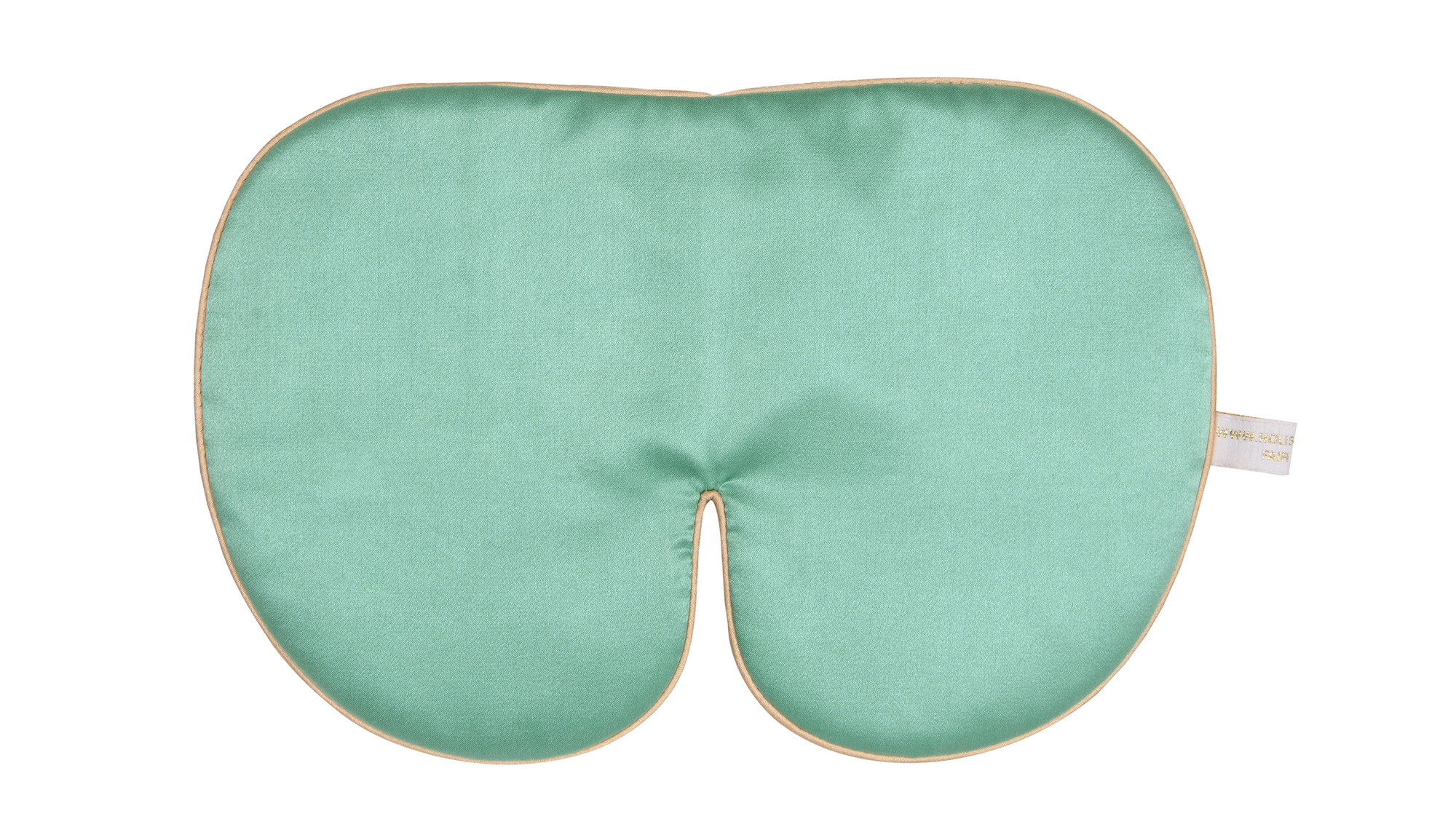 Flat image of the Holistic Silk Deluxe Silk Sleep Mask in a Jade colour with Honey colour piping on a clear white background.