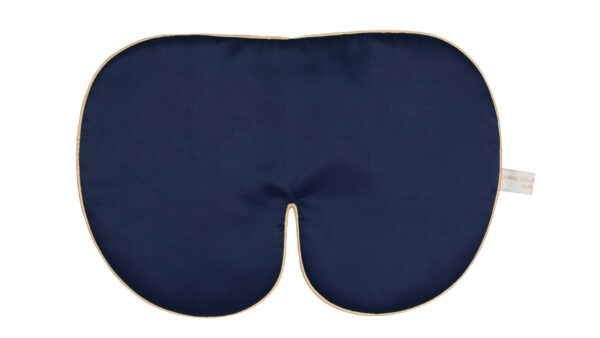 Flat image of the Holistic Silk Deluxe Silk Sleep Mask in a Navy colour with Honey colour piping on a clear white background.