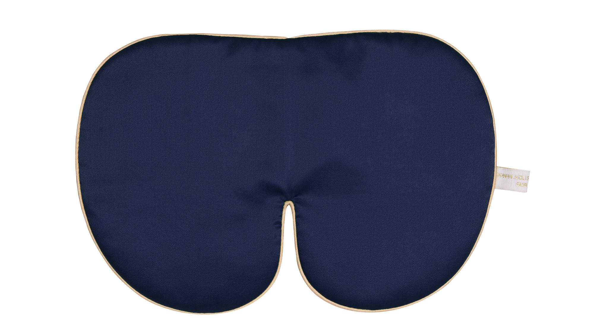 Flat image of the Holistic Silk Deluxe Silk Sleep Mask in a Navy colour with Honey colour piping on a clear white background.