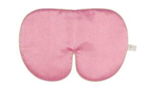 Flat image of the Holistic Silk Deluxe Silk Sleep Mask in a Rose colour with Honey colour piping on a clear white background.
