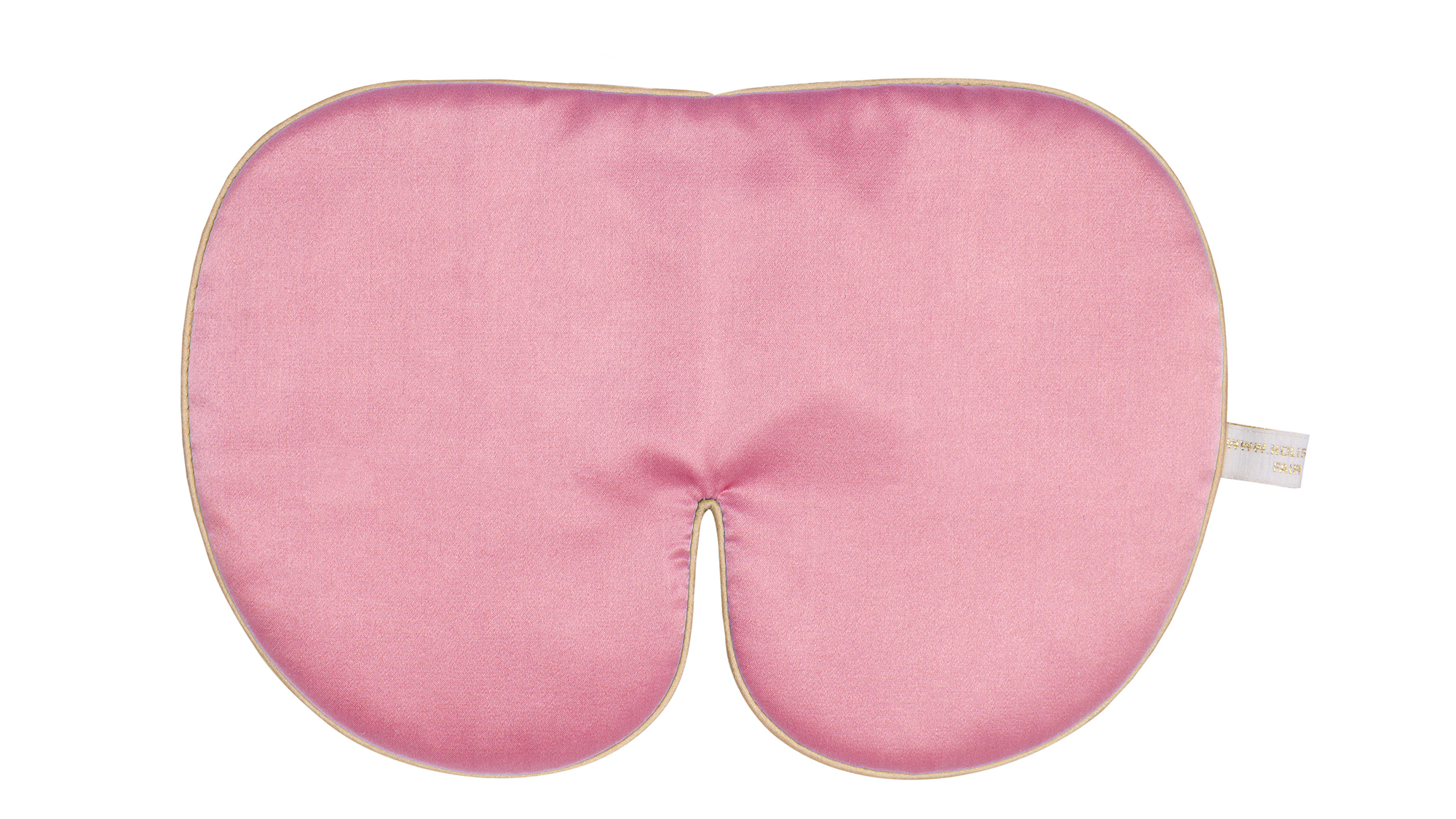 Flat image of the Holistic Silk Deluxe Silk Sleep Mask in a Rose colour with Honey colour piping on a clear white background.