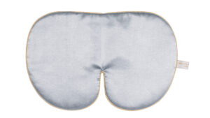 Flat image of the Holistic Silk Deluxe Silk Sleep Mask in a Silver colour with Honey colour piping on a clear white background.