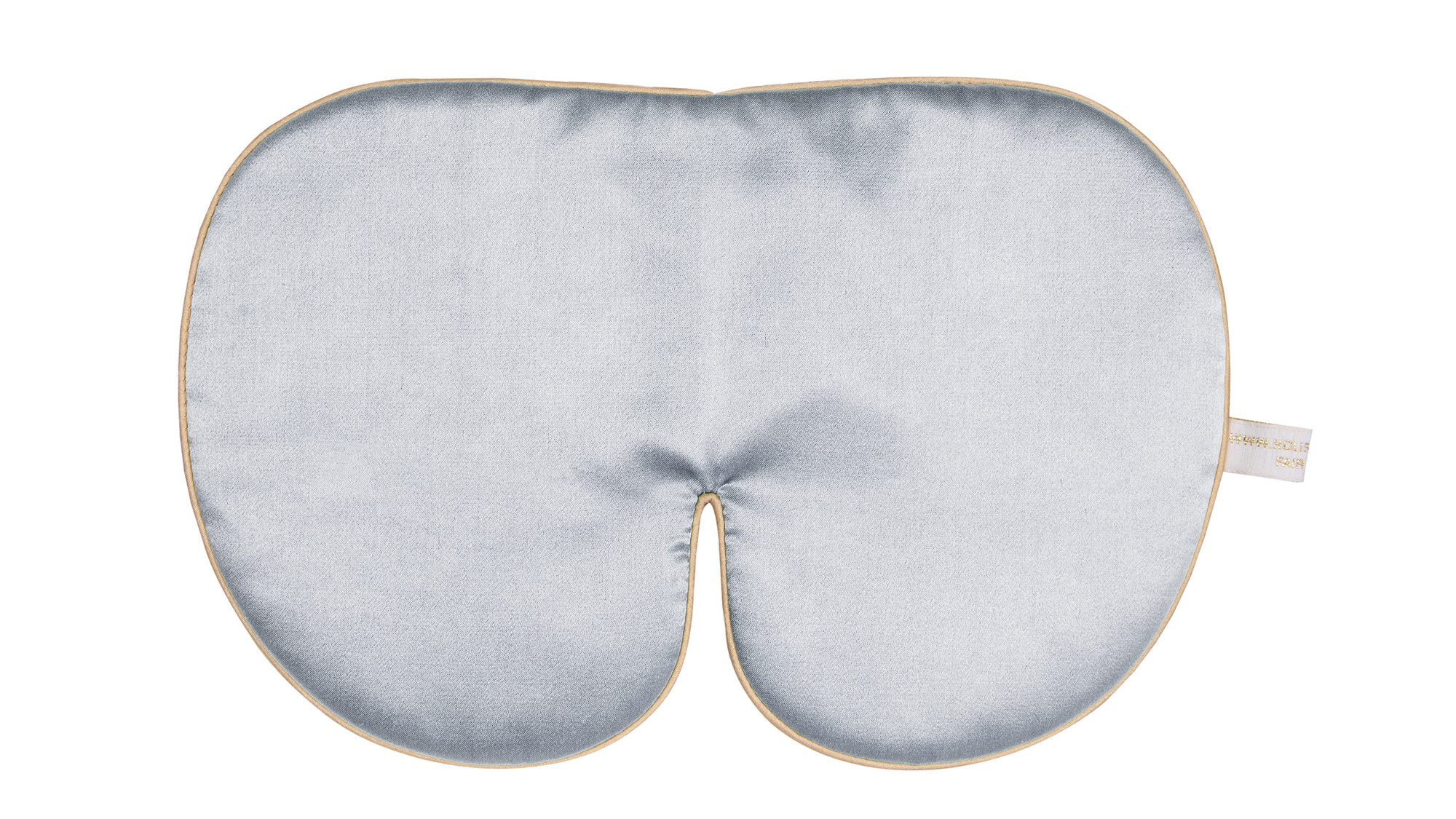 Flat image of the Holistic Silk Deluxe Silk Sleep Mask in a Silver colour with Honey colour piping on a clear white background.
