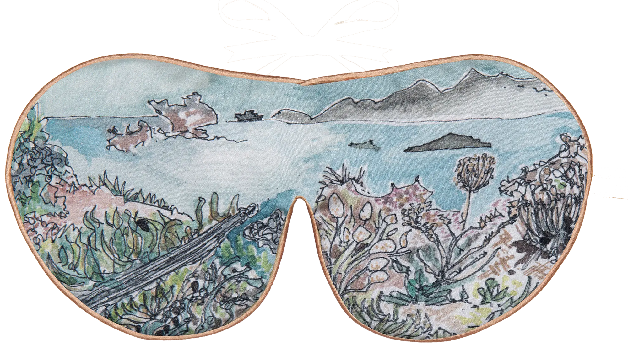 Silk sleep mask with an illustrated coastal landscape featuring succulents, rocks, and distant mountains in soft greens and blues.