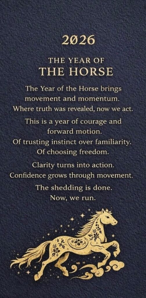 A navy‑blue graphic with gold text about the Year of the Horse, featuring a gold illustrated running horse surrounded by stars.