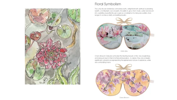 Illustration of lotus flowers and lily pads next to two floral-pattern eye masks labeled Water Lilies and Cherry Blossom.