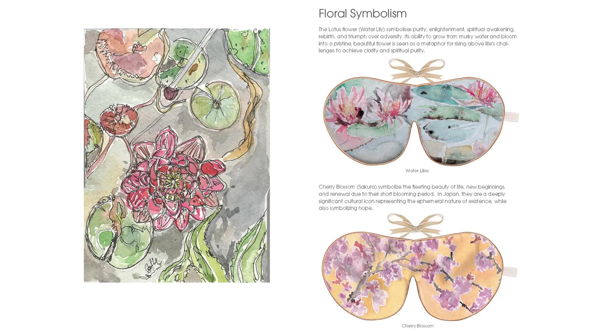 Illustration of lotus flowers and lily pads next to two floral-pattern eye masks labeled Water Lilies and Cherry Blossom.