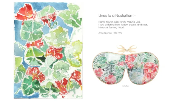 Illustration of red and orange nasturtium flowers with green leaves next to a patterned eye mask labeled Nasturtium.