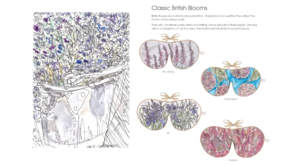 Illustration of a bucket filled with assorted British wildflowers next to four patterned eye masks featuring floral designs labeled Fox Gloves, Hydrangea, Iris, and Autumn.
