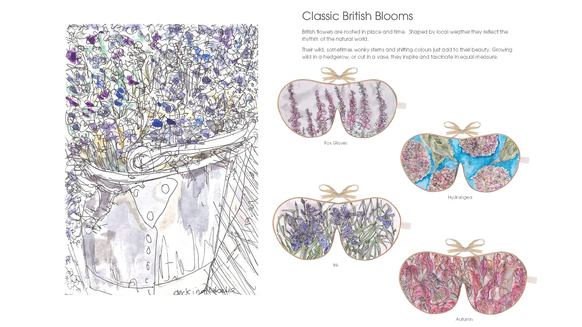 Illustration of a bucket filled with assorted British wildflowers next to four patterned eye masks featuring floral designs labeled Fox Gloves, Hydrangea, Iris, and Autumn.