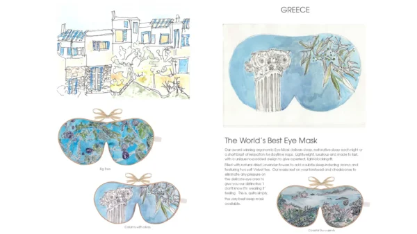 Illustration of Greek village buildings and an ancient column next to three patterned eye masks labeled Fig Tree, Column with Olive, and Coastal Succulents.