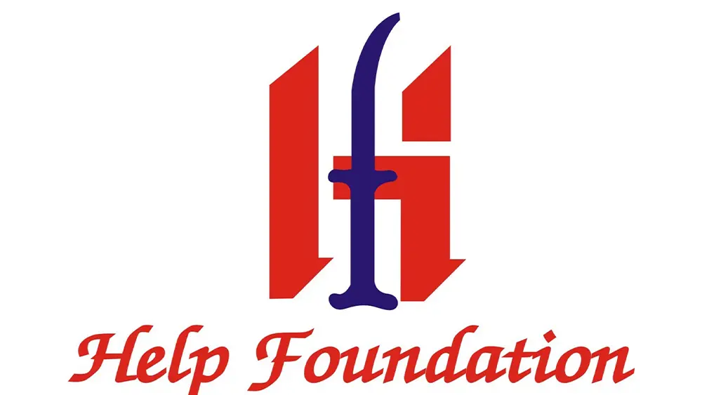 Logo for the Help Foundation featuring stylized red shapes and a blue lowercase “f,” with the words “Help Foundation” written below in red script.