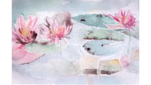 Watercolour water lilies with pink petals and green lily pads floating on pale blue water.
